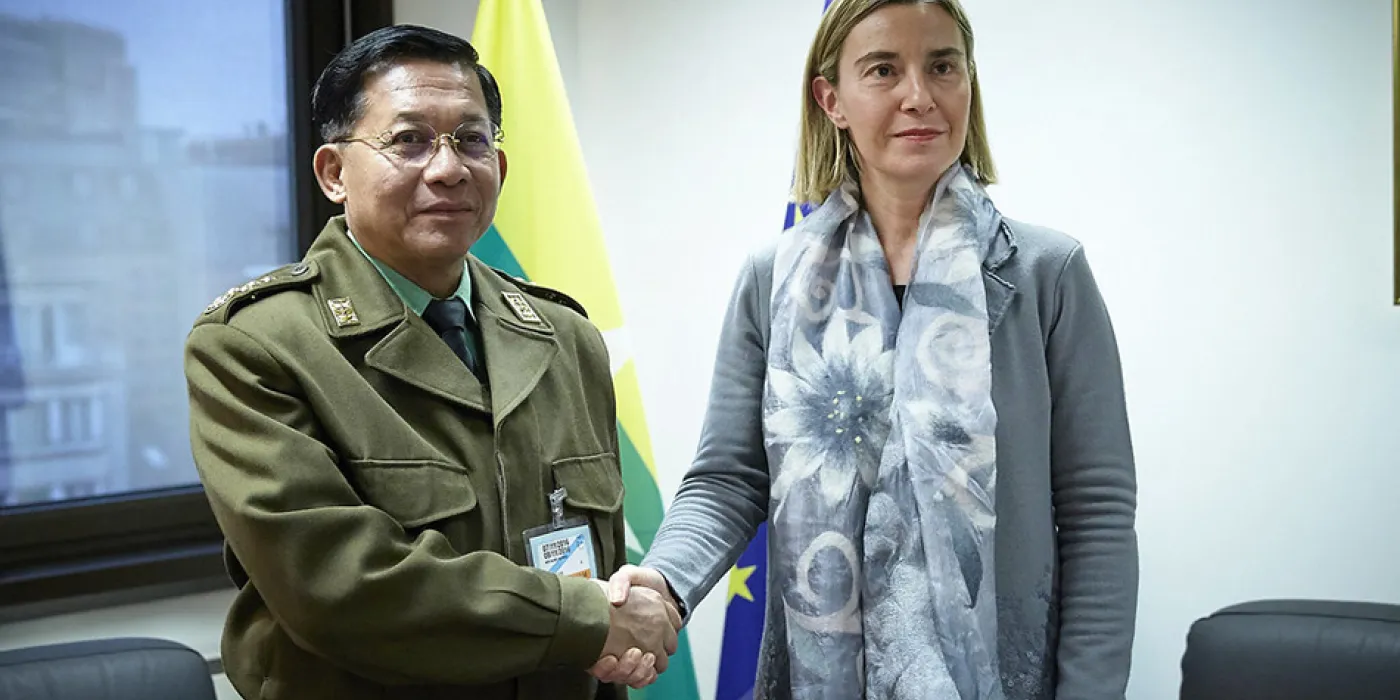 "Federica Mogherini receives Senior General Min Aung Hlaing, Myanmar's Commander in Chief" by European External Action Service - EEAS is licensed under CC BY-NC 2.0