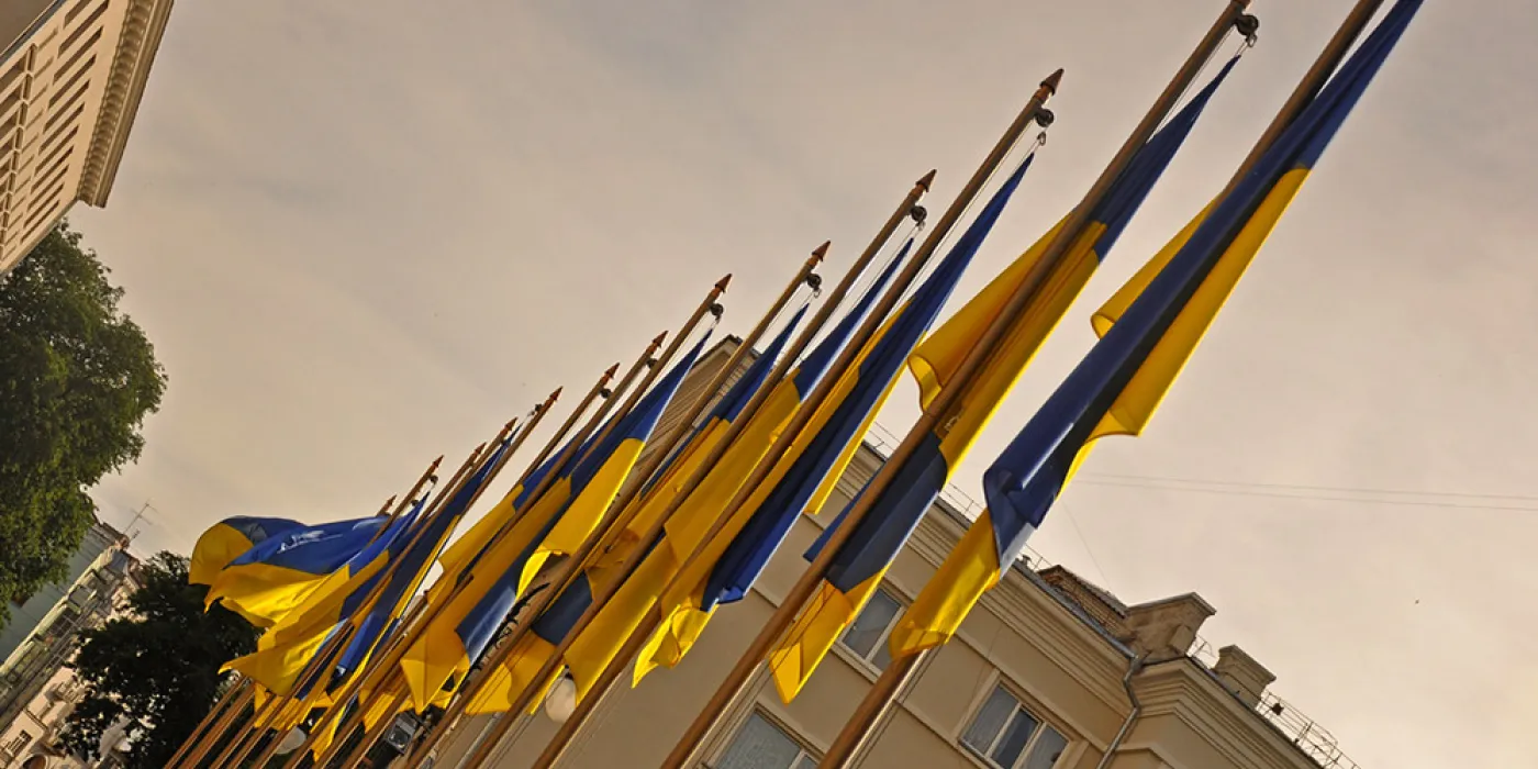 "row of Ukrainian flags outside House With Chimeras" by Anosmia is licensed under CC BY-SA 2.0